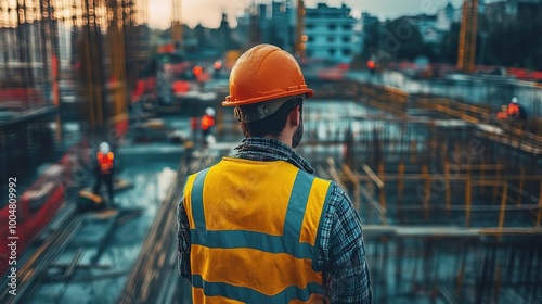 A construction worker observes his team at a building site during sunset, showcasing teamwork and progress in development.