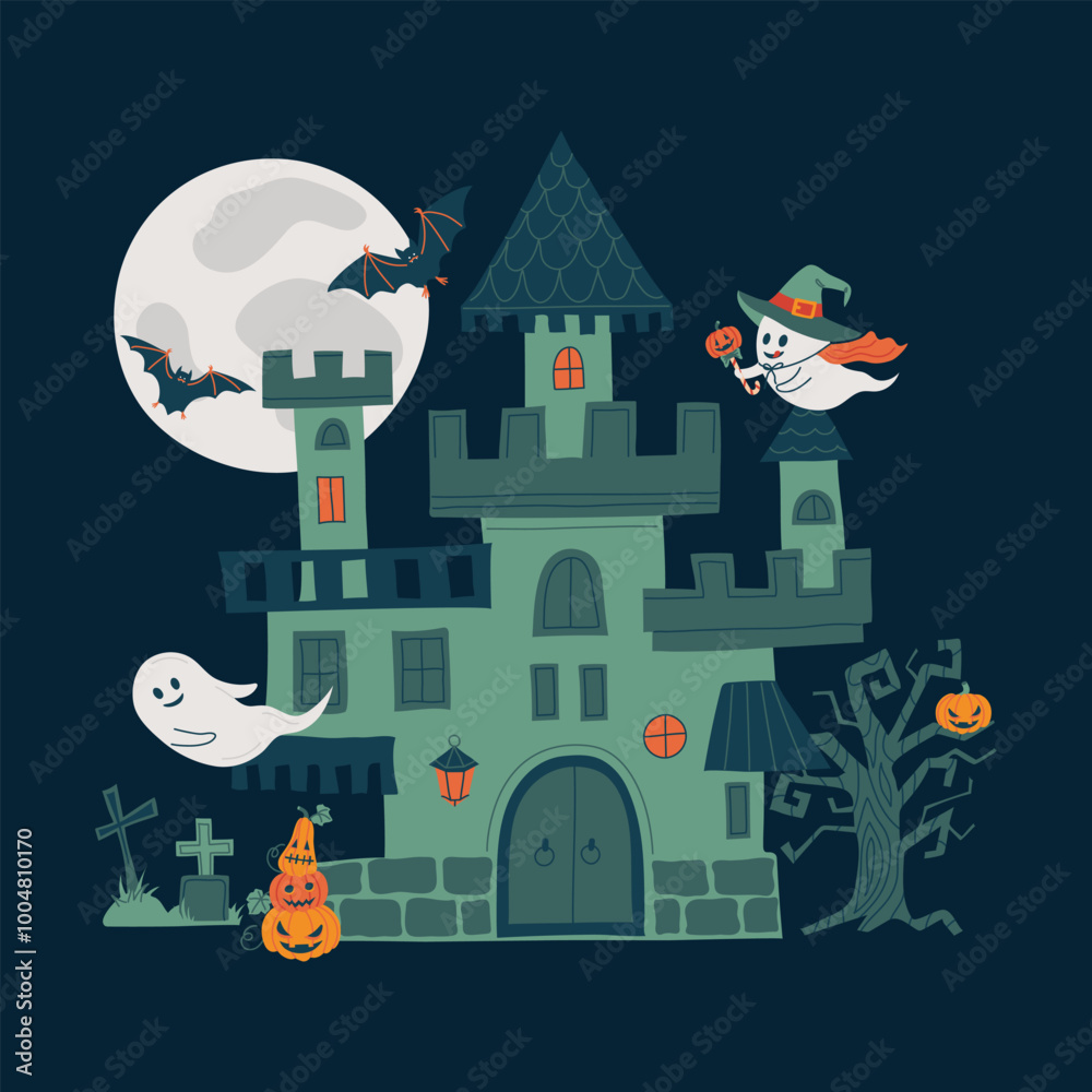 Obraz premium Night creepy castle at halloween with full moon, scary tree, cemetery and cute ghosts. Haunted house with pumpkins and bats. Scary or spooky greeting card or poster. isolated vector illustration