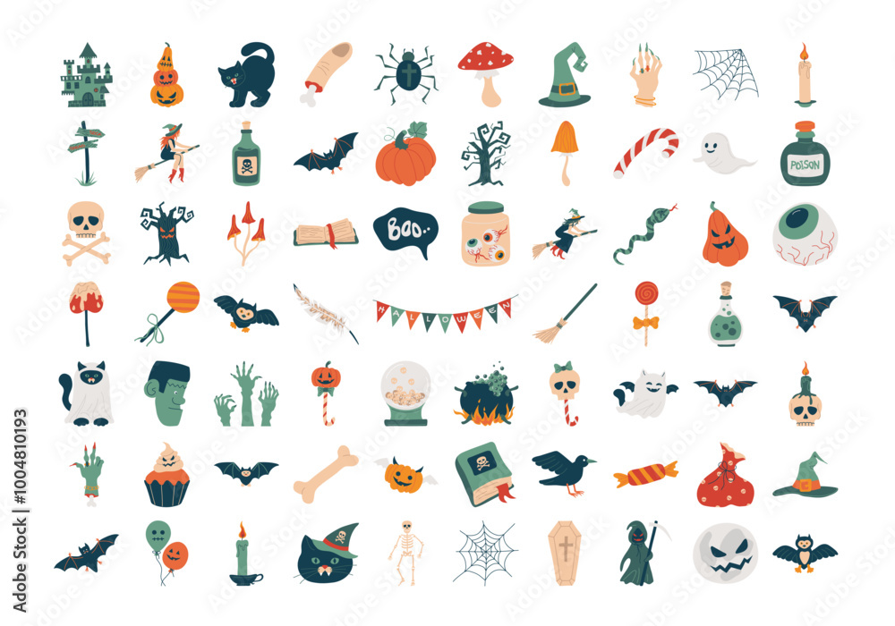 Happy halloween elements set. October holiday icons, design elements bundle. Cute ghost, pumpkin, bat, candy, cat, skull, spider, castle. Isolated vector illustration in cartoon style. Happy halloween elements set. October holiday icons, design elements bundle. Cute ghost, pumpkin, bat, candy, cat, skull, spider, castle. Isolated vector illustration in cartoon style.