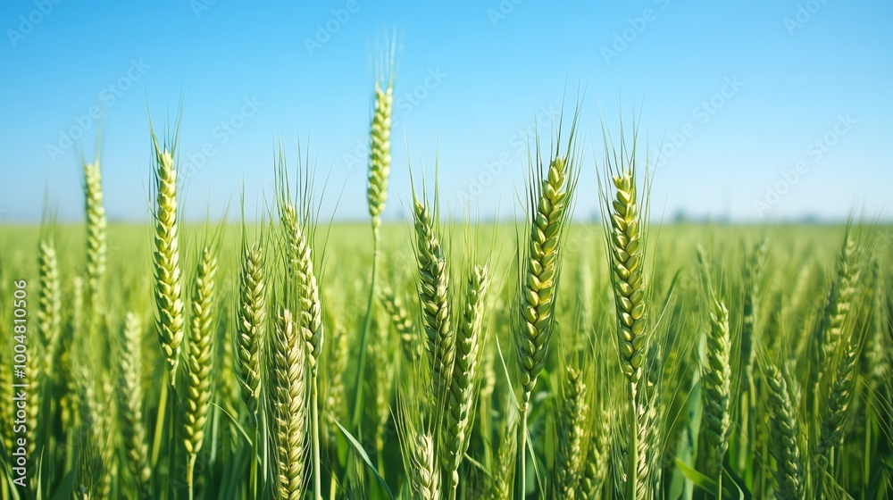 Close up of green wheat stalks against a clear blue sky. Close up of green wheat stalks against a clear blue sky.