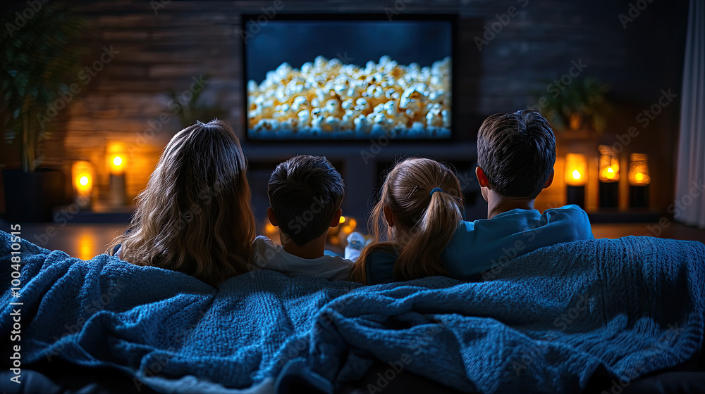 With warm blankets wrapped around them, a family gathers on the couch for a cozy movie night, sharing laughs and popcorn in soft lighting With warm blankets wrapped around them, a family gathers on the couch for a cozy movie night, sharing laughs and popcorn in soft lighting