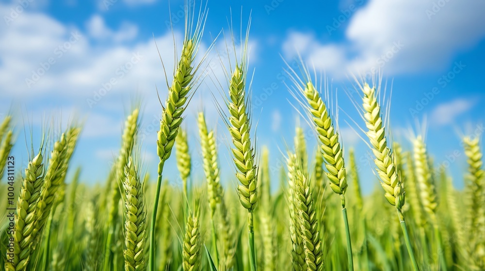 Green wheat stalks reach towards the sky, which is blue and features white clouds. Green wheat stalks reach towards the sky, which is blue and features white clouds.