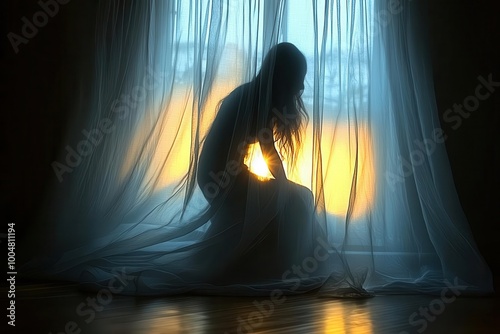 eerie atmosphere created by a shadowy figure behind sheer curtains in a dimly lit room illuminated only by a soft lamp glow inspiring a sense of mystery and suspense photo