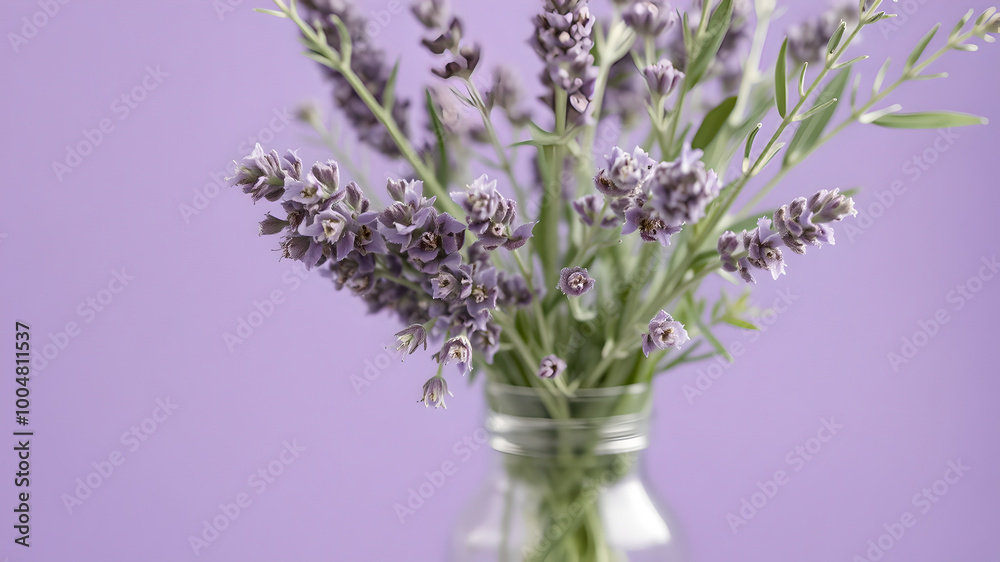 Naklejka premium on a purple background with a transparent vase with lavender flowers