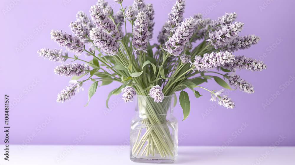 on a purple background with a transparent vase with lavender flowers
