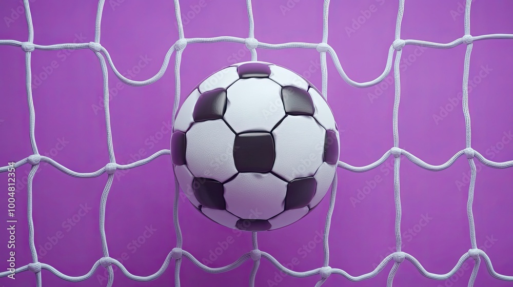 Fototapeta premium A close-up view of a soccer ball in the back of a net with a pink background.