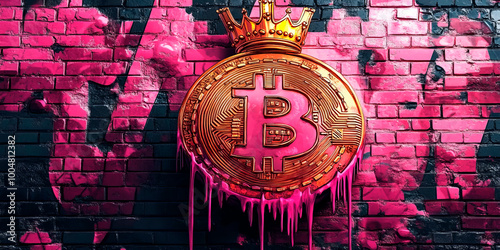 Bitcoin symbol with a crown, depicted on a graffiti-style brick wall, highlighting cryptocurrency as king. Ideal for businesses in finance, tech, or creative industries promoting blockchain or cryptoc photo