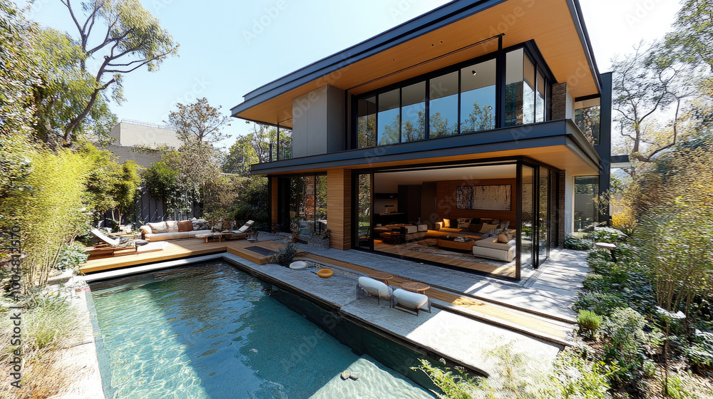 custom made wallpaper toronto digitalA contemporary house features expansive windows overlooking a serene pool surrounded by greenery, creating a relaxing outdoor space