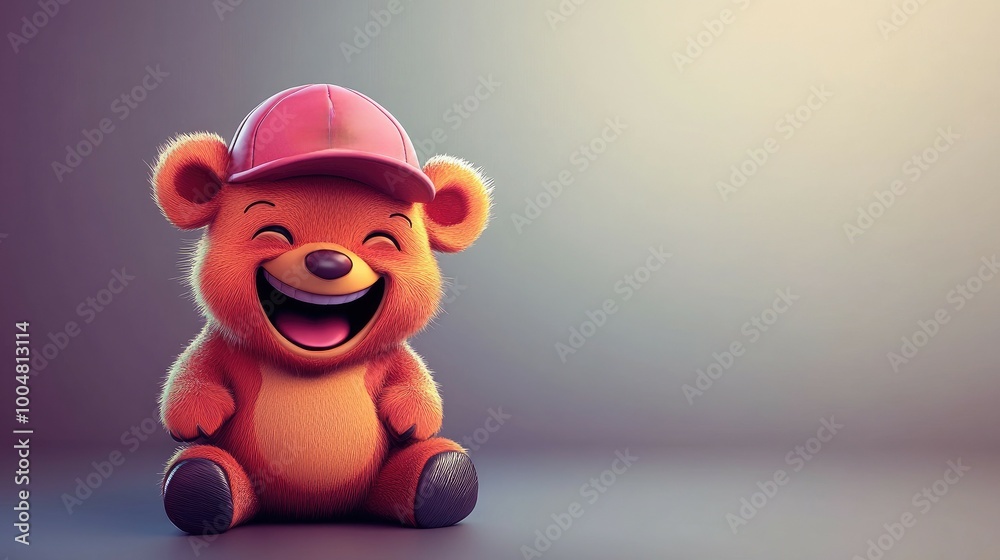 Naklejka premium A cute, cartoon bear with a pink cap sits and laughs, looking happy and friendly.