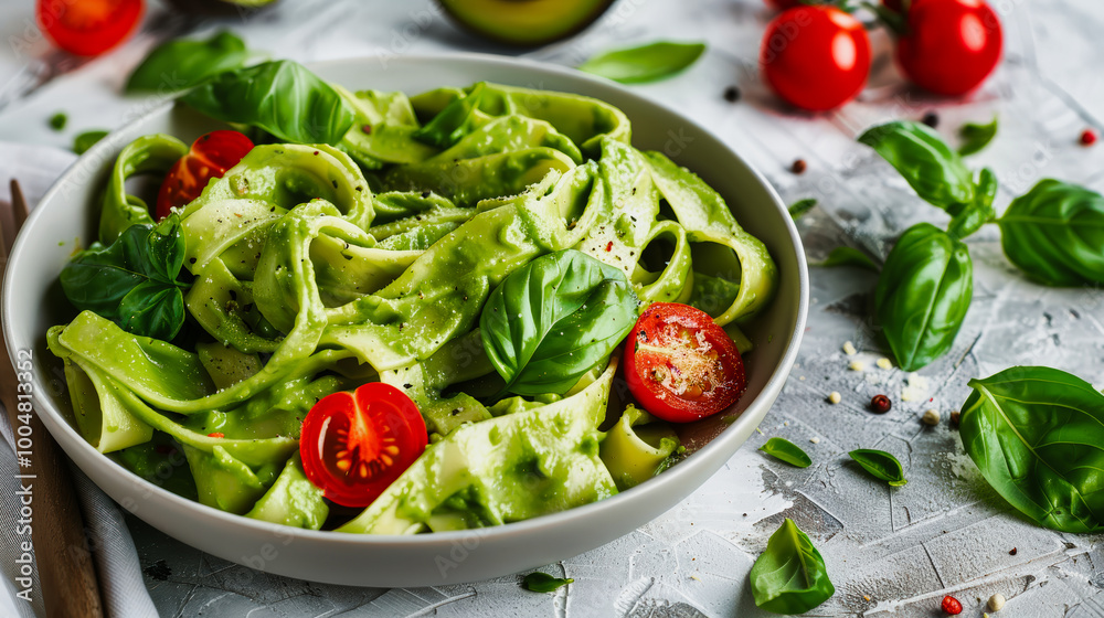 Bowl of creamy vegan avocado pasta with cherry tomatoes and basil Bowl of creamy vegan avocado pasta with cherry tomatoes and basil