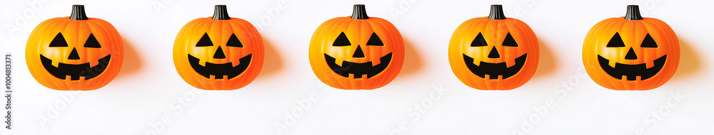Jack o lantern pumpkins in a row on white background for Halloween decoration Jack o lantern pumpkins in a row on white background for Halloween decoration