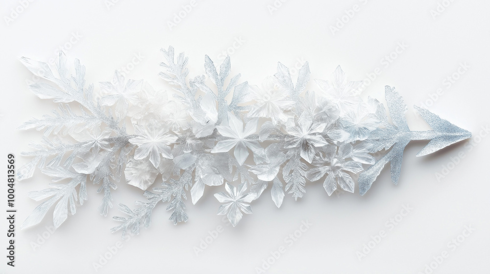 Delicate snowflakes arranged in an arrow shape against a white background. Delicate snowflakes arranged in an arrow shape against a white background.