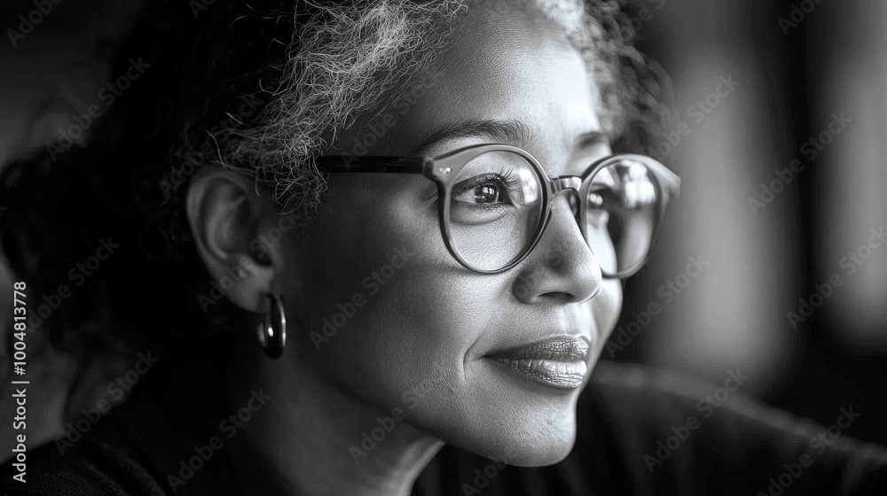 A thoughtful woman with glasses gazes out of the window, contemplating her surroundings in a warm, inviting room