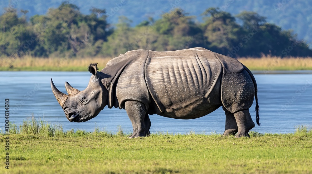 Fototapeta premium Exploring the Enchanting Realm of Pobitora Wildlife Sanctuary: Home to the Majestic One-Horned Rhinoceros Amidst the Lush Landscapes of Assam, India