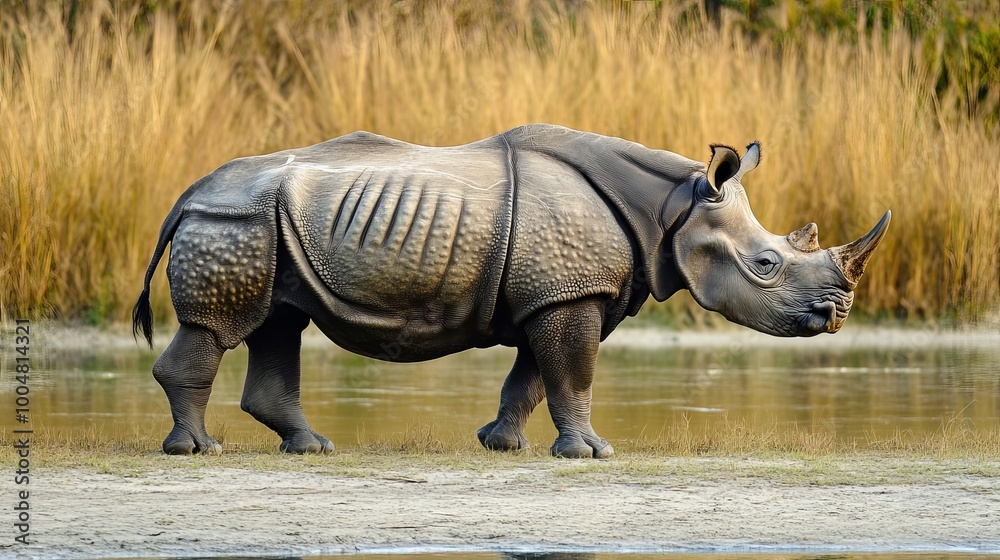 Fototapeta premium Exploring the Enchanting Realm of Pobitora Wildlife Sanctuary: Home to the Majestic One-Horned Rhinoceros Amidst the Lush Landscapes of Assam, India