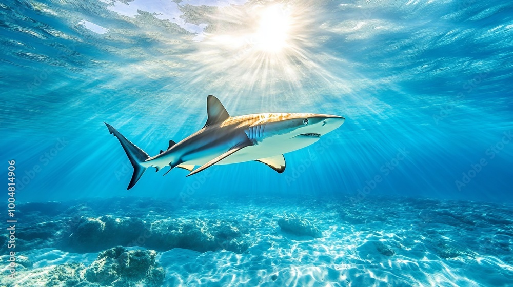 Fototapeta premium Exploring the Serene Depths: The Enigmatic Blacktip Shark (Carcharhinus limbatus) Gliding Through Sunlit Waters of the Caribbean and Atlantic Ocean