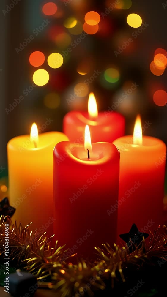 Warm Glow of Red Candles with Christmas Lights, Festive Holiday Atmosphere. Festive New Year Background. Warm Glow of Red Candles with Christmas Lights, Festive Holiday Atmosphere. Festive New Year Background.