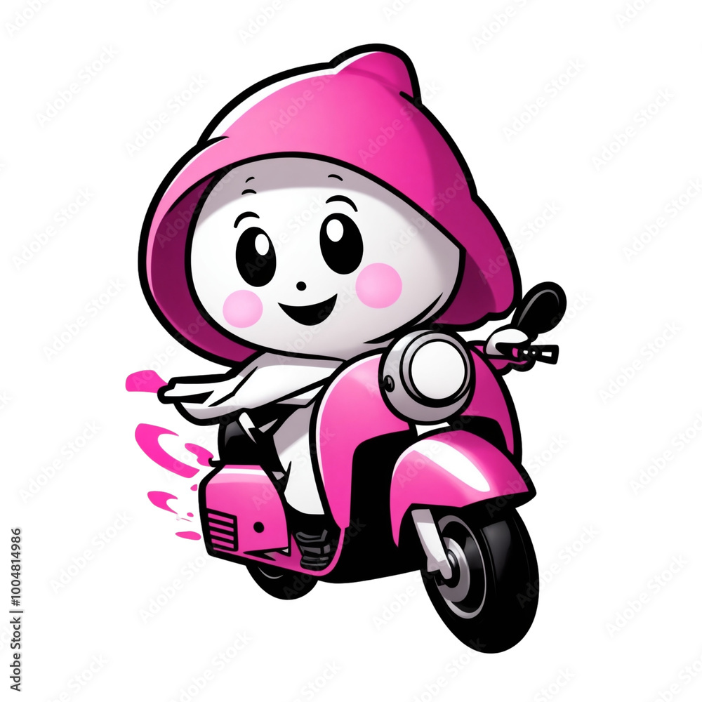 cheerful pink Halloween graphic with a ghost of a woman on a scooter cheerful pink Halloween graphic with a ghost of a woman on a scooter