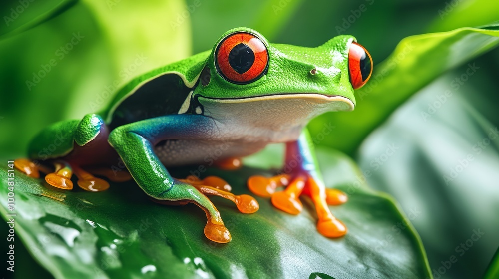 A Stunning Close-Up of the Red-Eyed Tree Frog (Agalychnis callidryas): An Exotic Jewel of the Rainforest Surrounded by Lush Green Leaves A Stunning Close-Up of the Red-Eyed Tree Frog (Agalychnis callidryas): An Exotic Jewel of the Rainforest Surrounded by Lush Green Leaves
