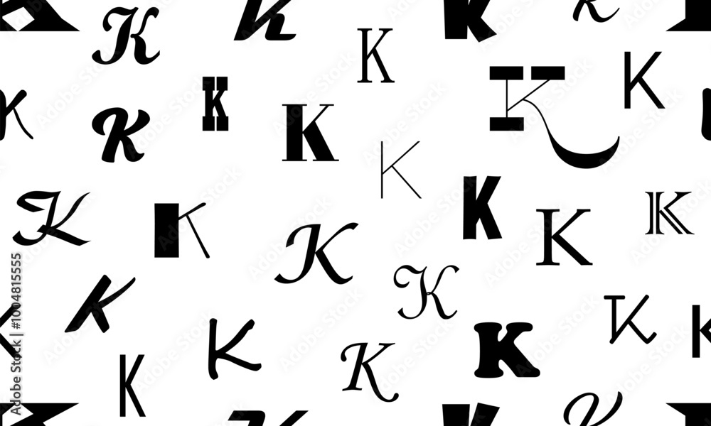 Vector seamless alphabet pattern with black bold latin letters. White repeatable unusual background. Fashion trendy design. Seamless black alphabet pattern on white. Letter K Vector seamless alphabet pattern with black bold latin letters. White repeatable unusual background. Fashion trendy design. Seamless black alphabet pattern on white. Letter K