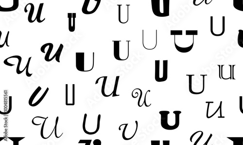 Vector seamless alphabet pattern with black bold latin letters. White repeatable unusual background. Fashion trendy design. Seamless black alphabet pattern on white. Letter U