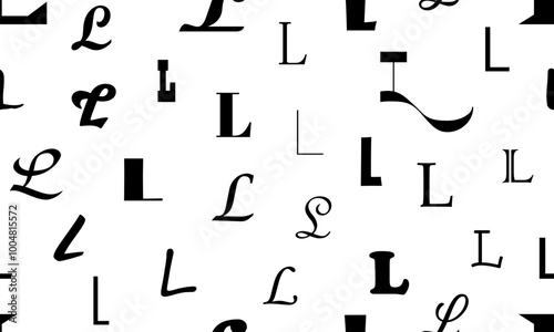 Vector seamless alphabet pattern with black bold latin letters. White repeatable unusual background. Fashion trendy design. Seamless black alphabet pattern on white. Letter L