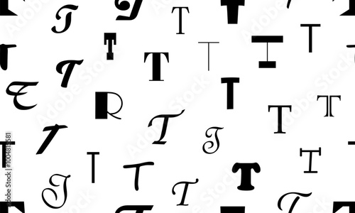 Vector seamless alphabet pattern with black bold latin letters. White repeatable unusual background. Fashion trendy design. Seamless black alphabet pattern on white. Letter T