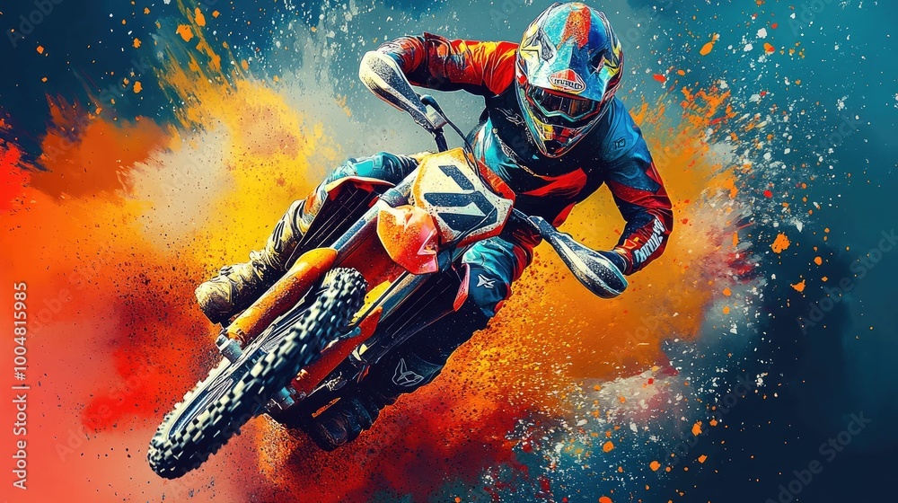 A motocross rider jumps through the air, with a colorful explosion of paint behind him. A motocross rider jumps through the air, with a colorful explosion of paint behind him.