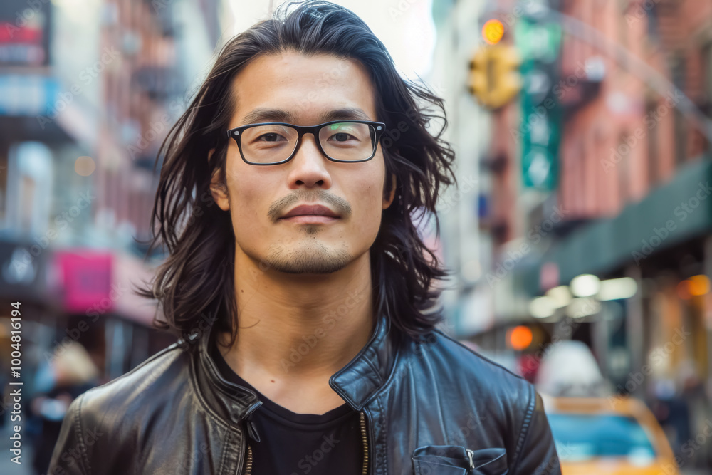 Urban Trendsetter: East Asian Man in Leather Jacket. A close-up portrait of an East Asian man with long hair and a leather jacket in a city setting.
Urban Trendsetter: East Asian Man in Leather Jacket. A close-up portrait of an East Asian man with long hair and a leather jacket in a city setting.