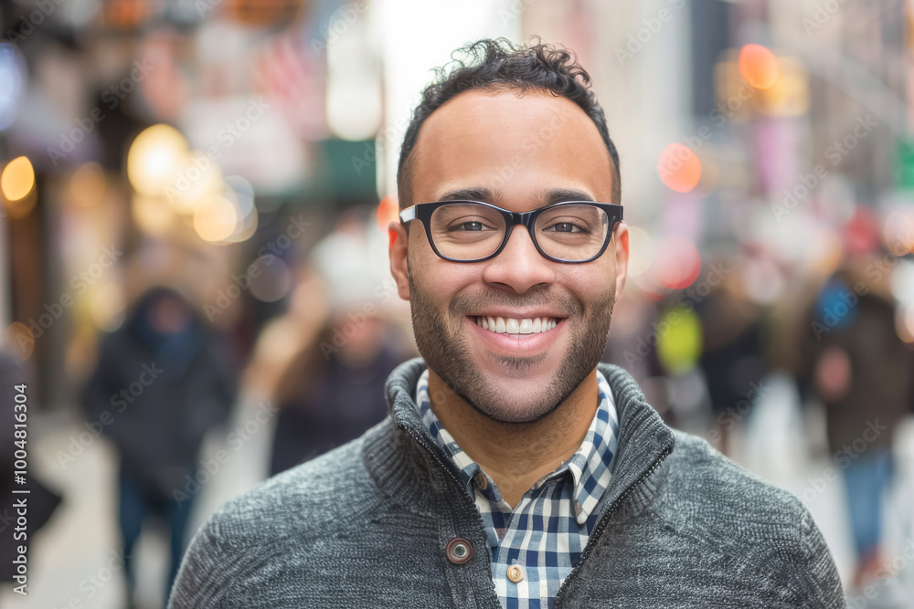Urban Sophistication and Charm. A young Black man with curly hair and glasses, sporting a friendly smile in a bustling city environment.
Urban Sophistication and Charm. A young Black man with curly hair and glasses, sporting a friendly smile in a bustling city environment.