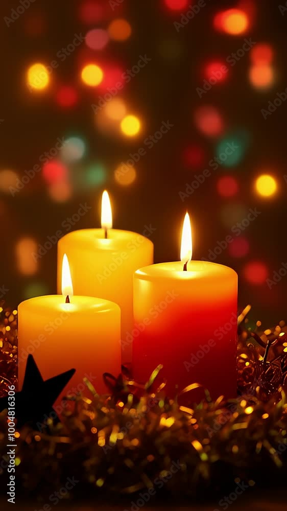 Warm Glow of Three Lit Candles Amidst Festive Holiday Lights. Ideal for Christmas and New Year Celebrations. Warm Glow of Three Lit Candles Amidst Festive Holiday Lights. Ideal for Christmas and New Year Celebrations.