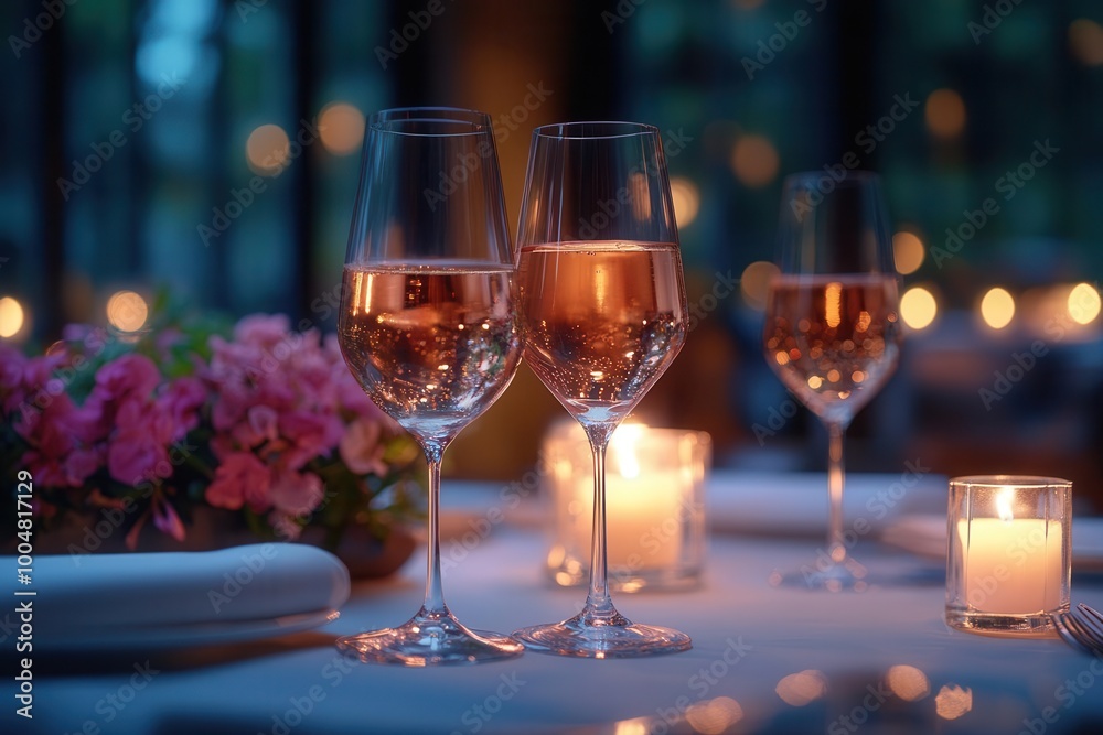 elegant restaurant table adorned with fine wine glasses and appetizing gourmet dishes illuminated by soft candlelight creating a romantic dining atmosphere for special occasions elegant restaurant table adorned with fine wine glasses and appetizing gourmet dishes illuminated by soft candlelight creating a romantic dining atmosphere for special occasions