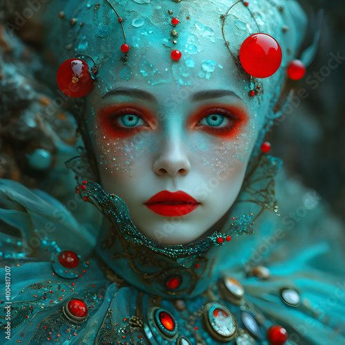 Step into a world of macro realism with a unique tempera abstract portrait that glitters and sparkles like magic. Featuring detailed textures and vintage elements, this artwork combines antique charm  photo