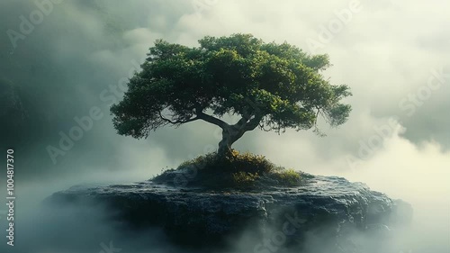 Serene Tree Amidst Misty Landscape Seamless Loop Background