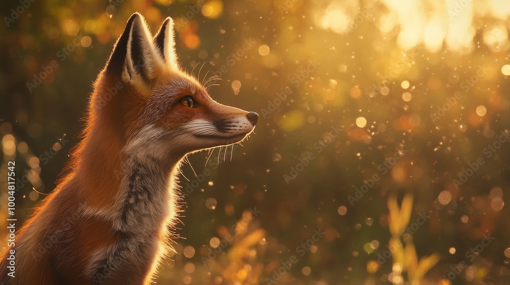 Obraz premium A fox is standing in a field of grass with the sun shining on it. The fox appears to be looking to the right