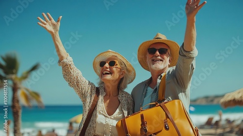 Joyful senior couple enjoying a sunny beach day, embracing life with smiles and carefree waves in the tropical paradise. photo