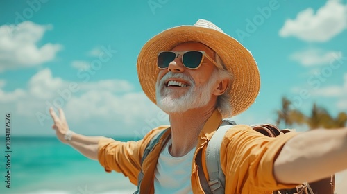 Joyful elderly man enjoying a sunny beach day, arms wide open, embodying freedom and happiness in a tropical setting.