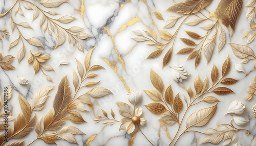 white marble texture background with gold leaf pattern