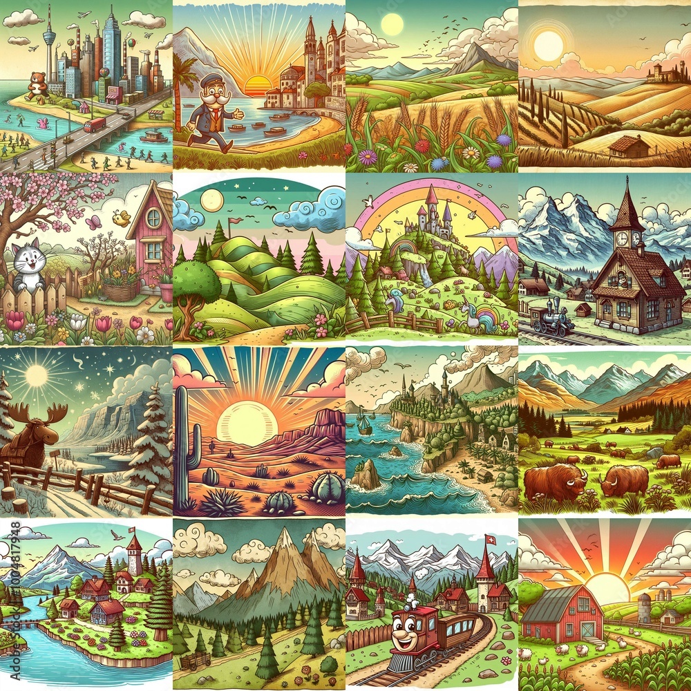 Obraz premium Funny cartoon landscapes. AI generated illustration