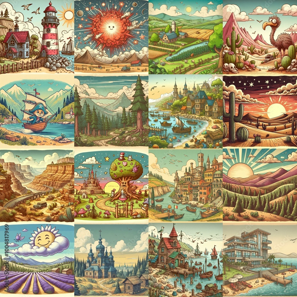 Naklejka premium Funny cartoon landscapes. AI generated illustration