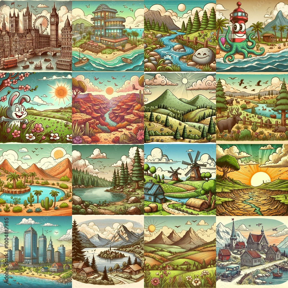 Obraz premium Funny cartoon landscapes. AI generated illustration