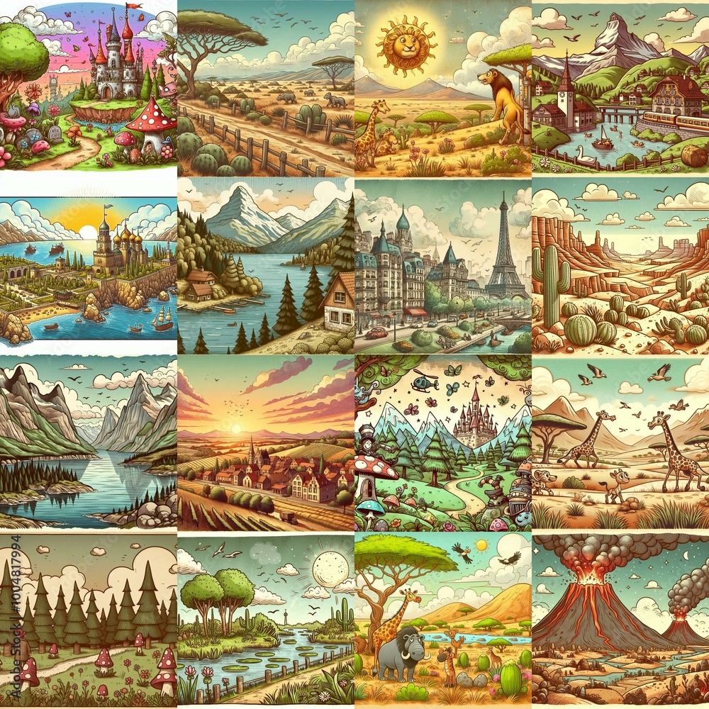 Obraz premium Funny cartoon landscapes. AI generated illustration