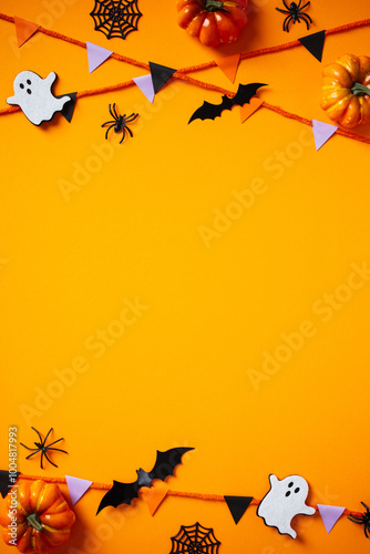 Halloween composition with cute bats, ghosts, pumpkins, spiders, bunting flag garland on orange background. Happy Halloween vertical banner mockup, poster design. Flat lay, top view, copy space.