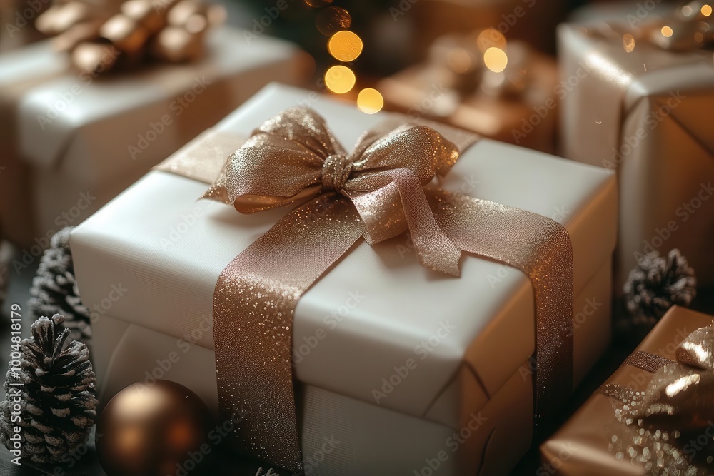 elegant white and gold christmas presents adorned with ribbons displayed on a table background features soft blurred bokeh lights evoking a festive and cozy atmosphere elegant white and gold christmas presents adorned with ribbons displayed on a table background features soft blurred bokeh lights evoking a festive and cozy atmosphere