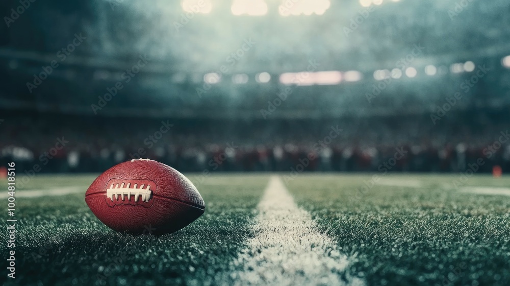 A single American football on a green field, the goal line in the foreground, with a blurred stadium crowd in the background.