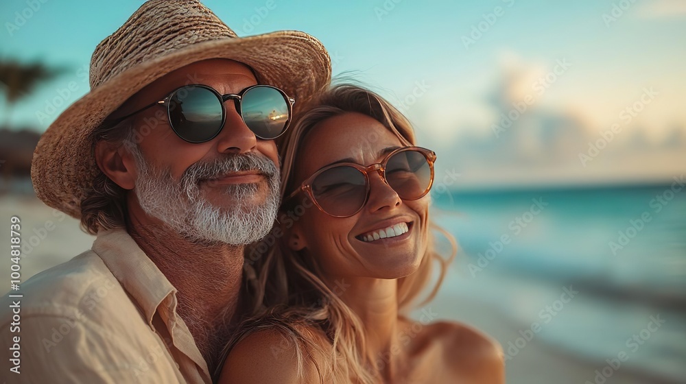 A joyful couple smiling together on the beach, enjoying a sunny day with sunglasses and a beautiful ocean backdrop. A joyful couple smiling together on the beach, enjoying a sunny day with sunglasses and a beautiful ocean backdrop.