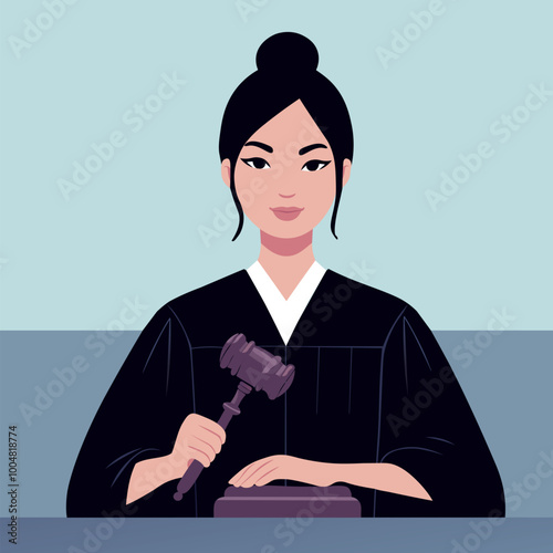 Professionally dressed female judge presiding over a court session. Vector flat illustration