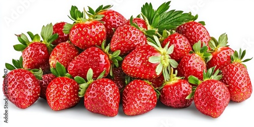 A close-up of a pile of fresh, ripe strawberries with green leaves attached, displaying their vibrant red color and juicy texture against a plain white background.