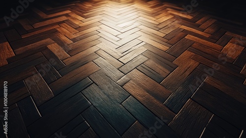 A spotlight shines down on a wooden herringbone floor.