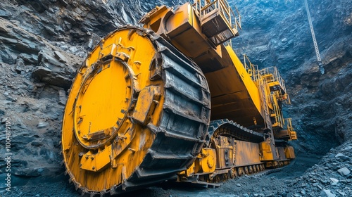 Massive yellow mining machine operates in a deep quarry under bright light in a rocky landscape